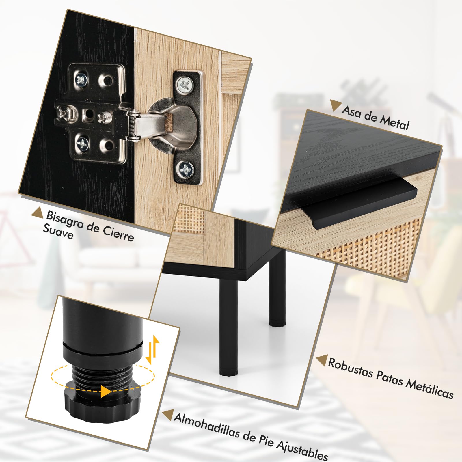 COSTWAY 2 Mesitas de Noche de Ratán, Mesillas de Noche Bohemio con Cajón y Armario, Patas Metálicas, Mesita Auxiliar Sofa Salon Dormitorio, 45 x 30 x 59 cm (Negro)