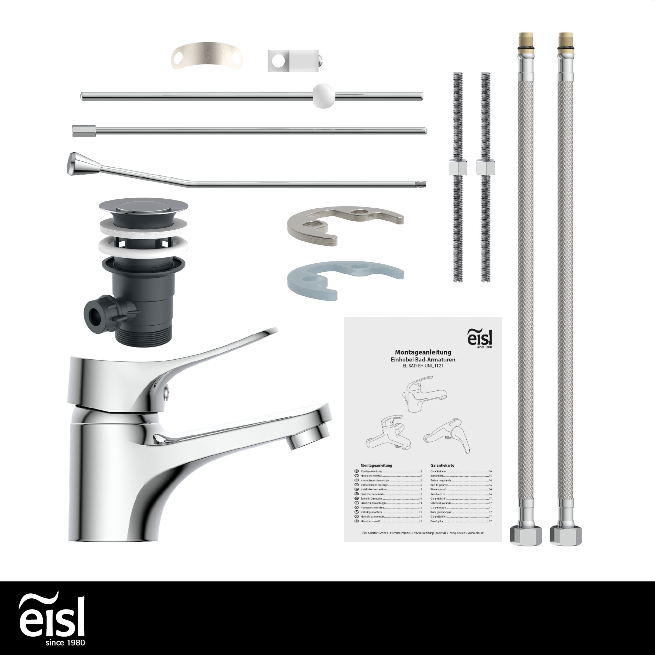 EISL NI075VECR VERONA Robinet de salle de bains, mitigeur pour lavabo, mitigeur de salle de bains, robinet de lavabo avec tirette et vidage, robinet de lavabo, chrome, gain de place