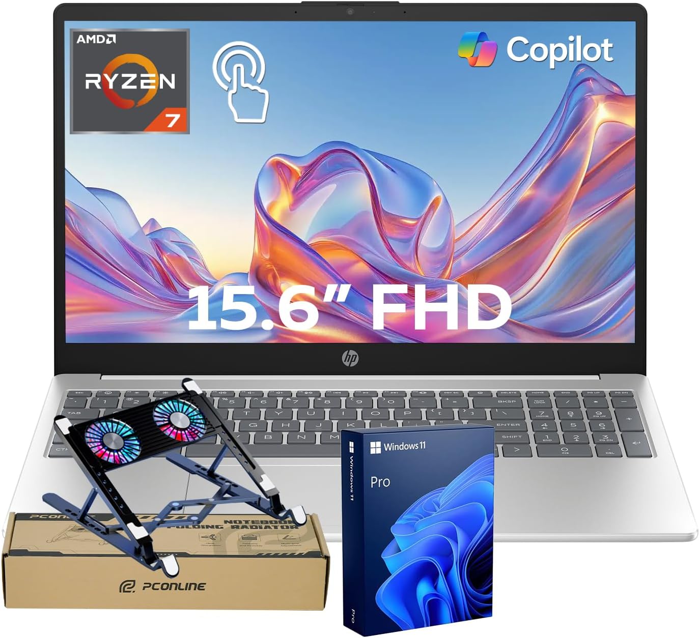 HP Productivity Touchscreen Laptop, AMD Ryzen 7 7730U Octa-Core Performance for Multitasking Tasks, 32GB RAM, 2TB SSD, 15.6" FHD Display, Windows 11 Pro, Copilot Ready, Webcam, Bundle with PCO Cooler