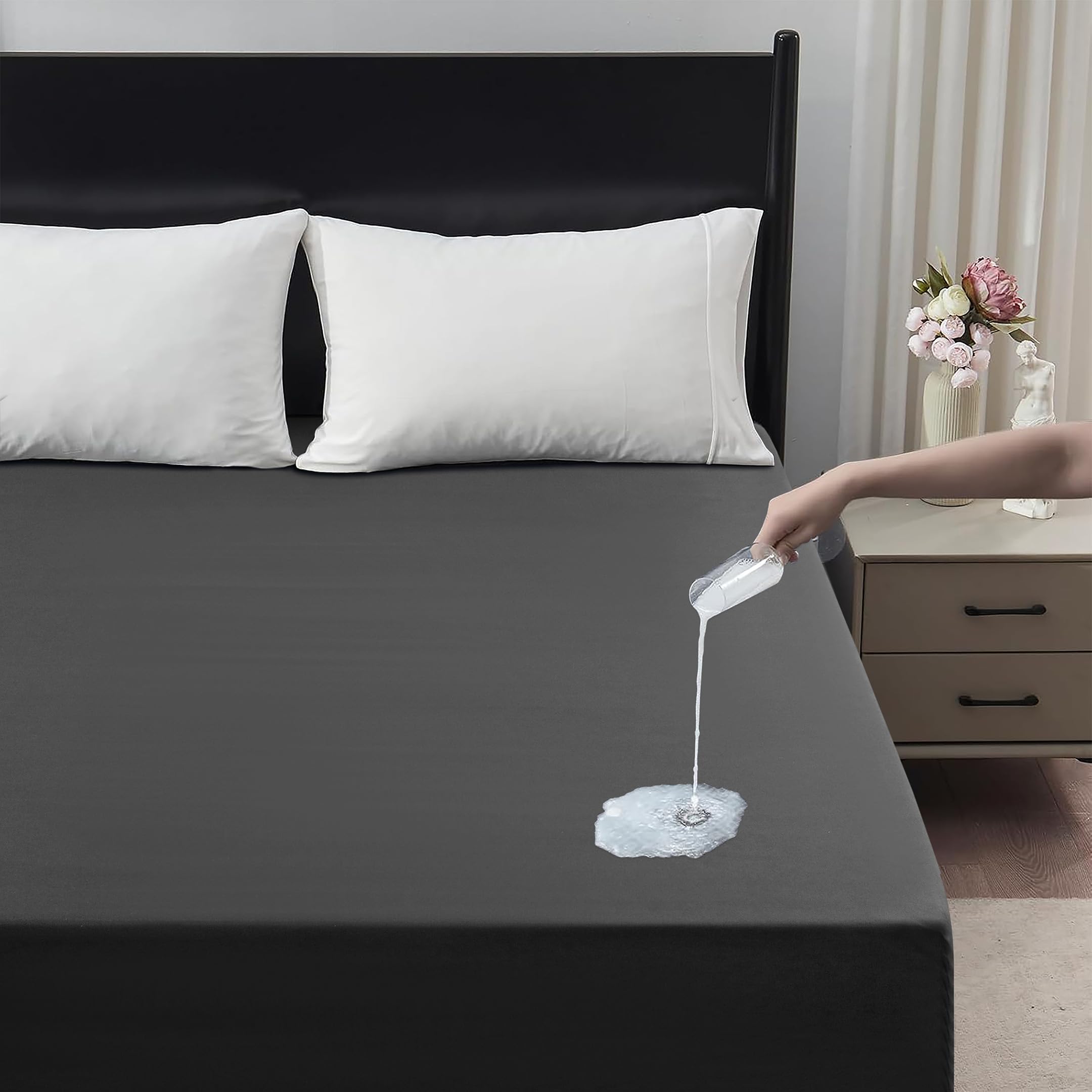Waterproof Fitted Sheet – Mattress Protector | Soft Breathable Noiseless Bed Cover, Fitted Bed Sheet 30cm Deep Pocket, Durable Microfiber Fitted Mattress Cover (Dark Grey, Single)