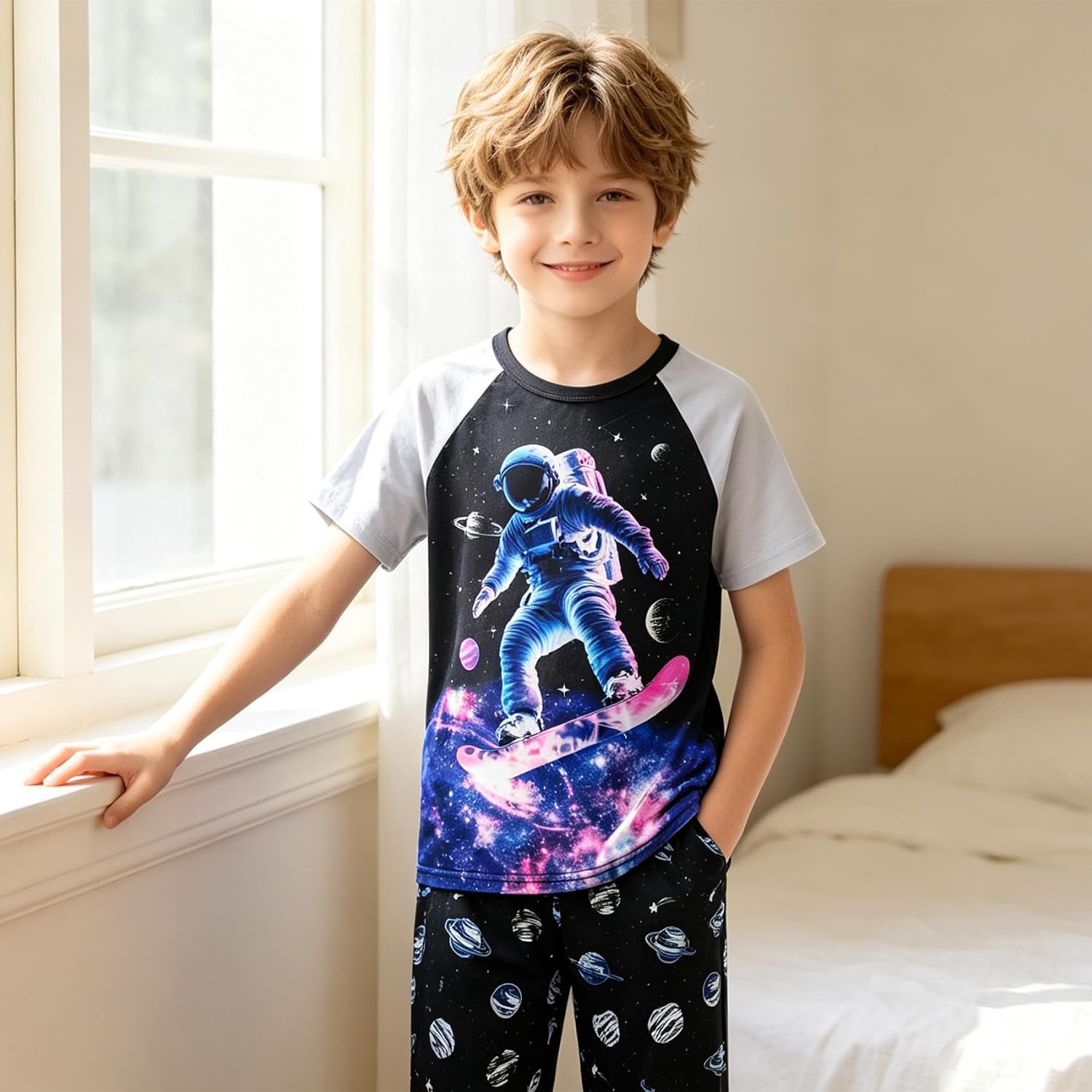 Funnycokid Boys Pajamas 2 Piece Kids Summer Pjs Loose Fit Size 6-12