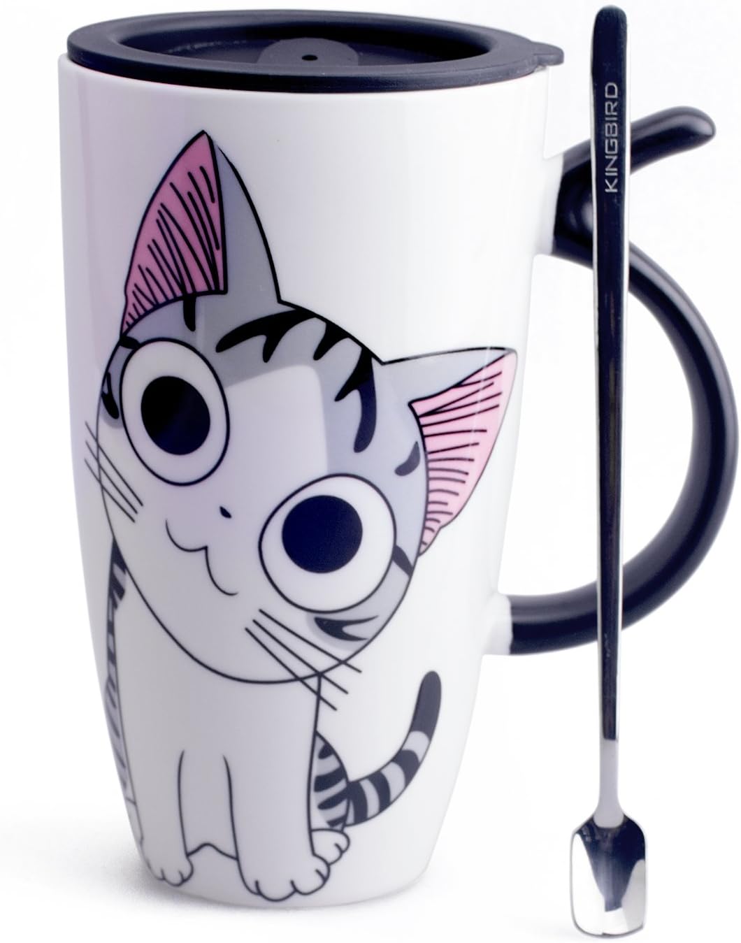 Neolith Cute Cat Style Ceramic Mugs with Lid & Spoon Cartoon Creative Morning Mug Milk Coffee Tea Unique Porcelain Cups Gifts Box Large Mugs (17 oz, Kiss me)