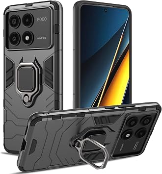 Case for Poco X6 Pro, Shockproof Cover with 360  Metal Ring Stand, Anti-Scratch Hard Protective Case, Full Body Bumper Case with Camera Protection Black