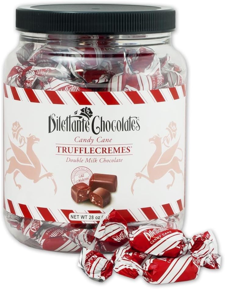 Candy Cane Chocolate TruffleCremes | 28-ounce Bulk Jar | Covered in Double Milk Chocolate | Made from All-Natural Ingredients and Real Candy Cane Pieces | By Dilettante Chocolates