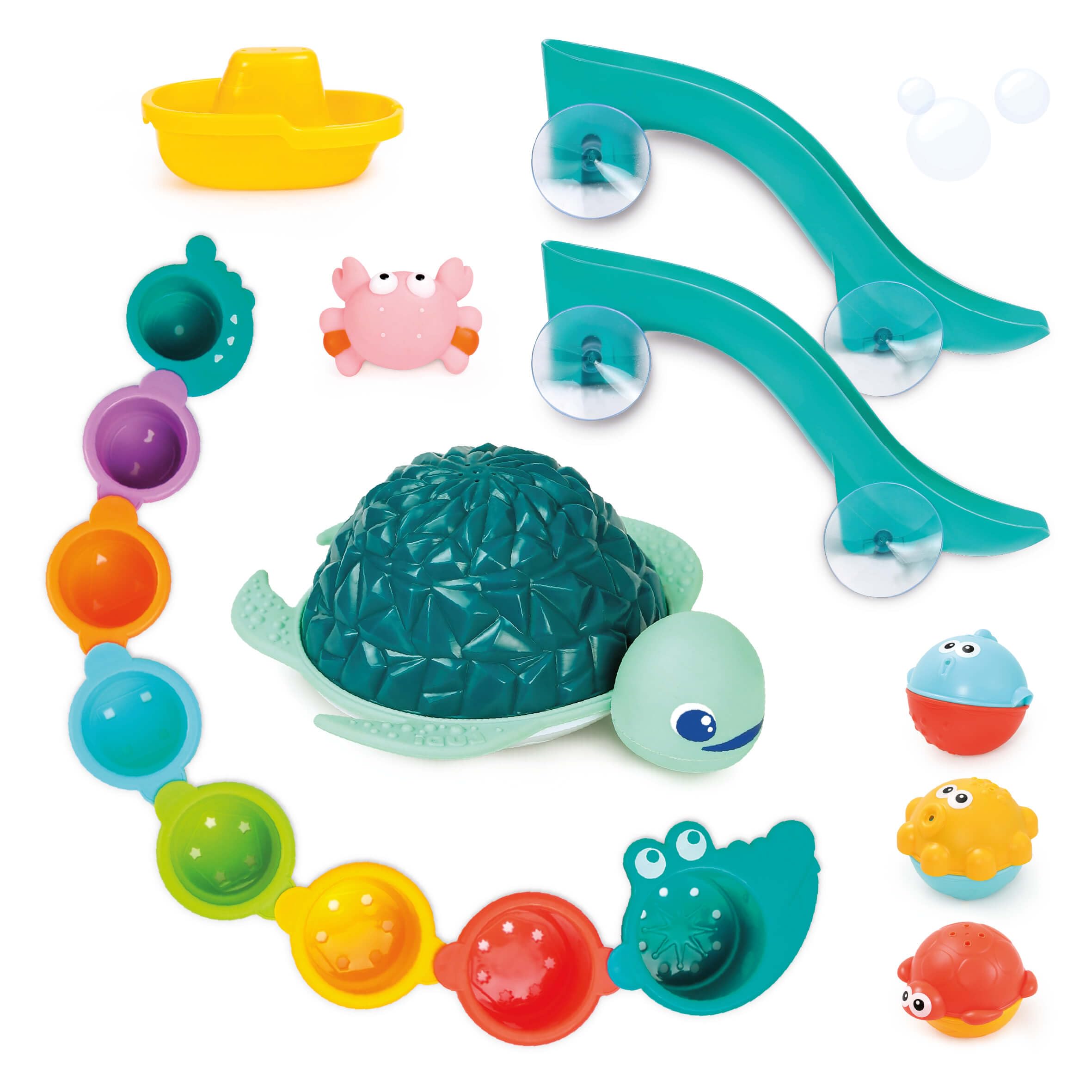 LUDI – Coffret de Bain XXL – 16 Jeux d'Eau interactifs – Toboggans, Tortue Lumineuse et Cups Pluie – Développe motricité et Coordination – Dès 10 Mois