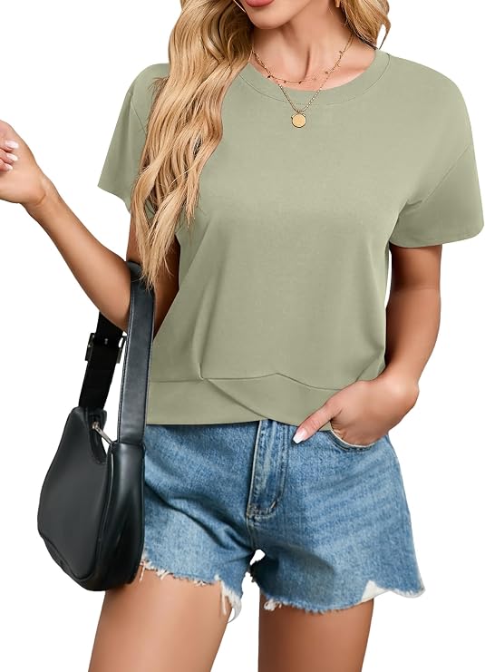 Poplab Women's Short Sleeve Cropped T Shirts Casual Boxy Workout Crop Tops Summer Loose Fit Solid Basic Tees
