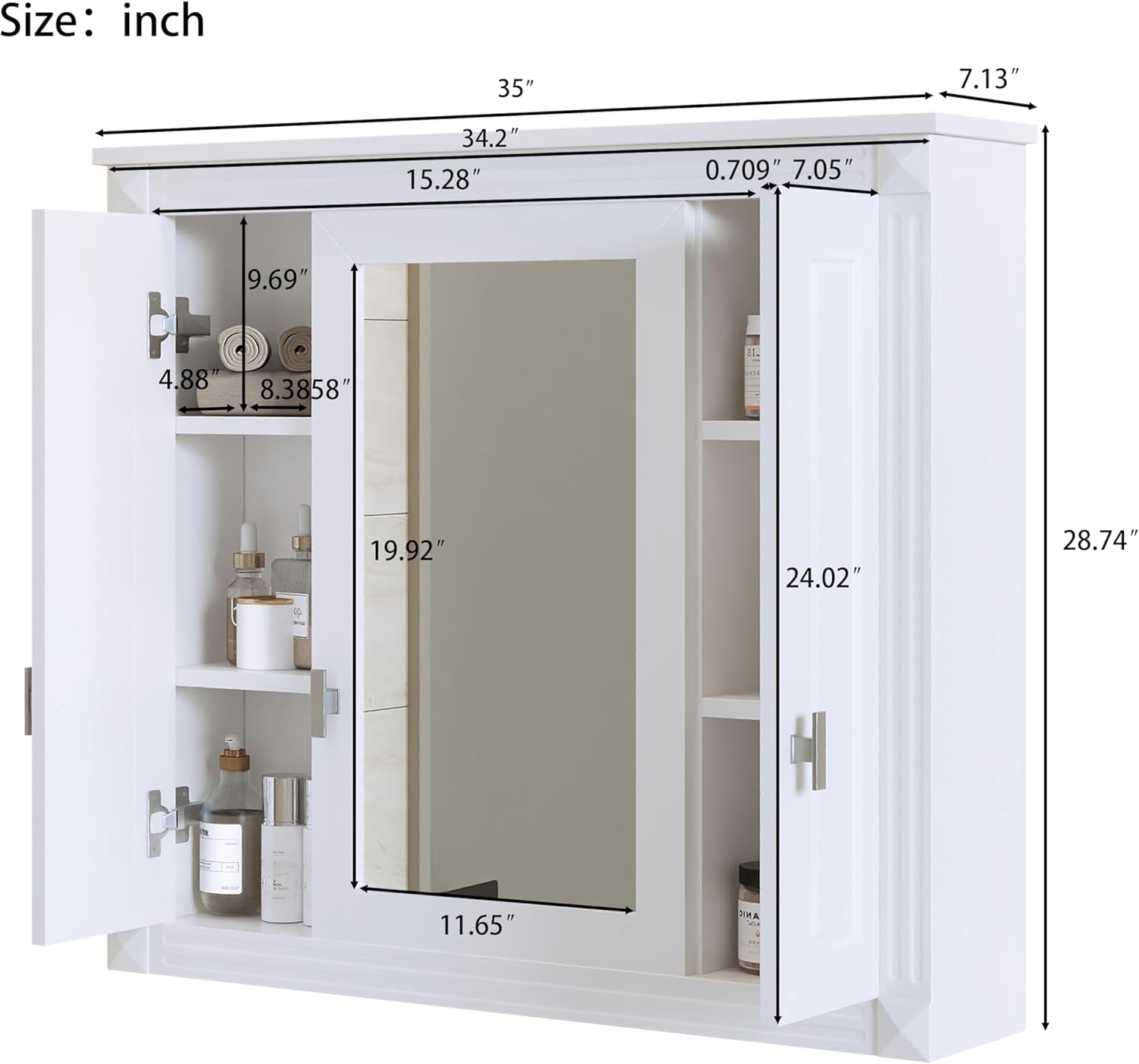 35x28 Medicine Cabinet with Mirror Bathroom Wall Mounted Cabinet with 3 Doors 8 Storage Shelves (White)