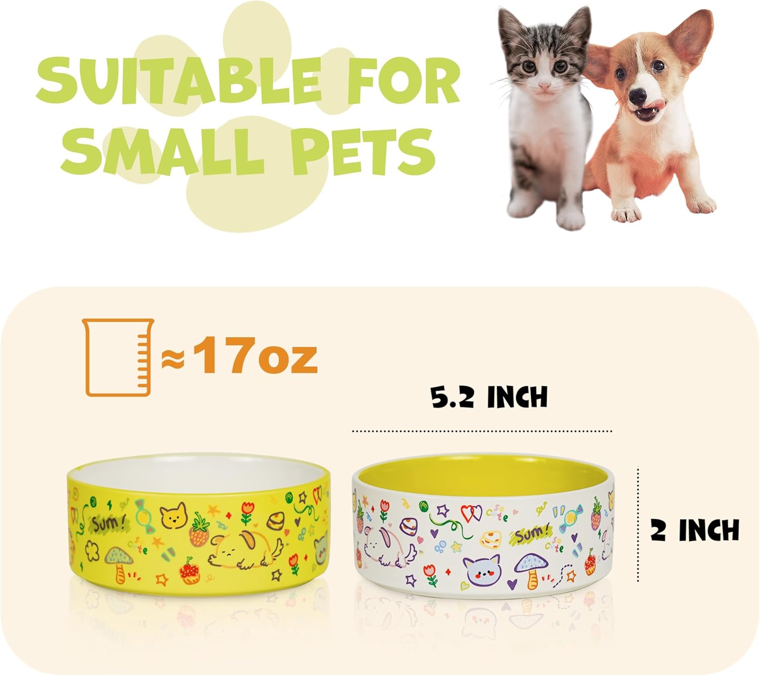 YOBRO Cute Ceramic Dog & Cat Bowl Set of 2, 5.2'' Food Bowl and Water Bowl for Small Dogs and Cats, 17 oz Non-Slip Puppy Bowls for Small Pets, Yellow & White