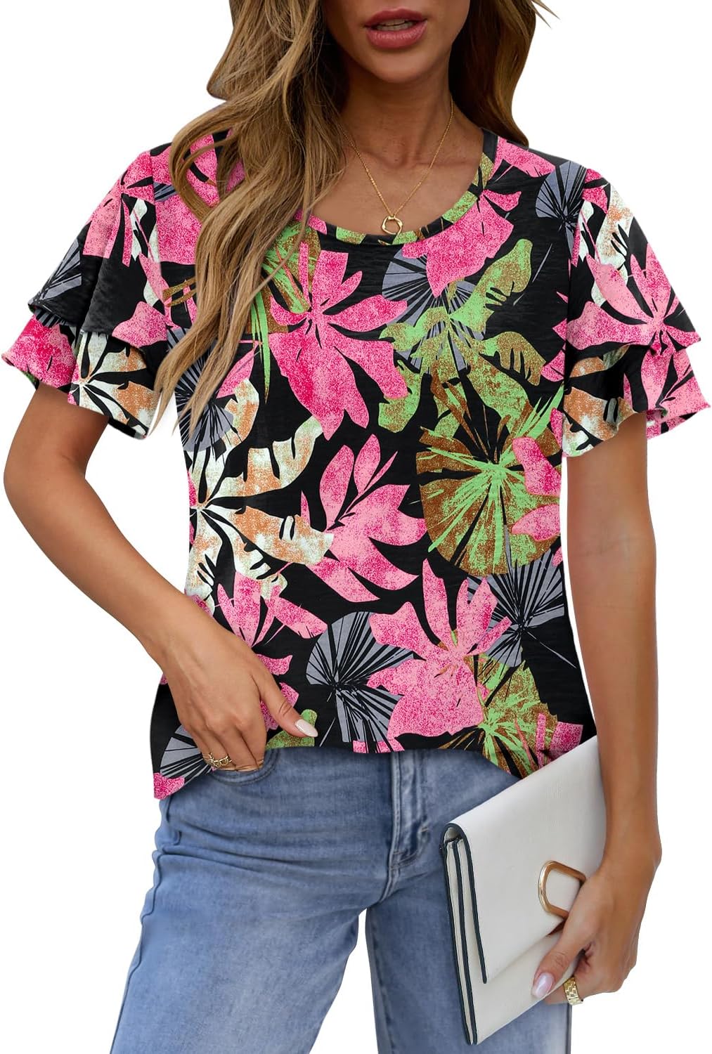 CRAZY GRID Women's Shirts Summer Casual Crewneck Short Sleeve Blouses Cute Floral Print Tunic Tops - Image 4