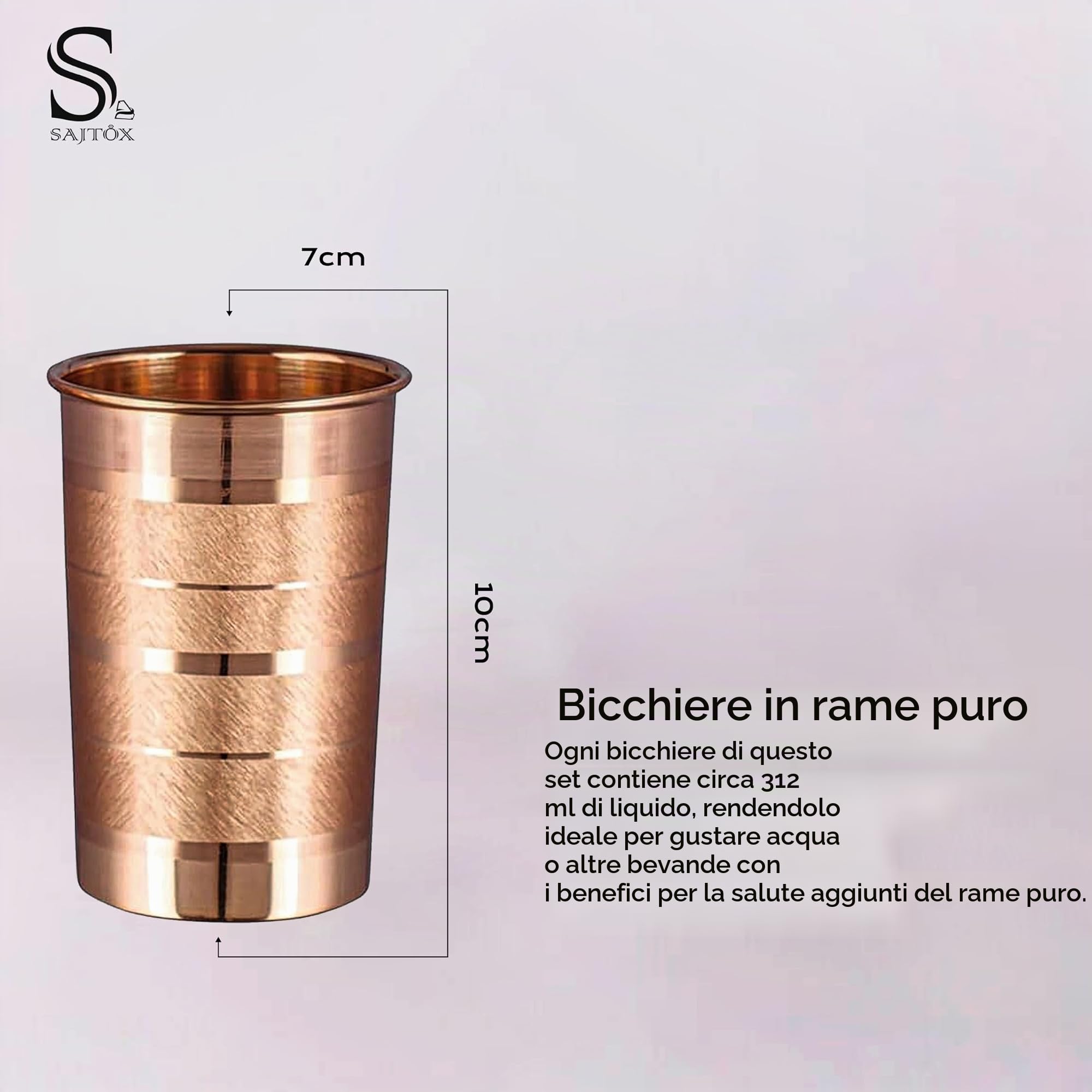Bicchiere in rame puro per acqua potabile, set di tazze in rame per benefici per la salute dell'Ayurveda - 312 ml (11 oz) ciascuno (set di 4)