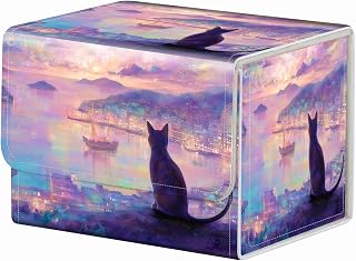 Strong Magnet for TCG MTG Commander Deck Box Playing Card Case Organizer Trading Card Case Trading Card Storage Box for Collectible Games Up to 200 Cards, Cat And Purple Magical Night Sky