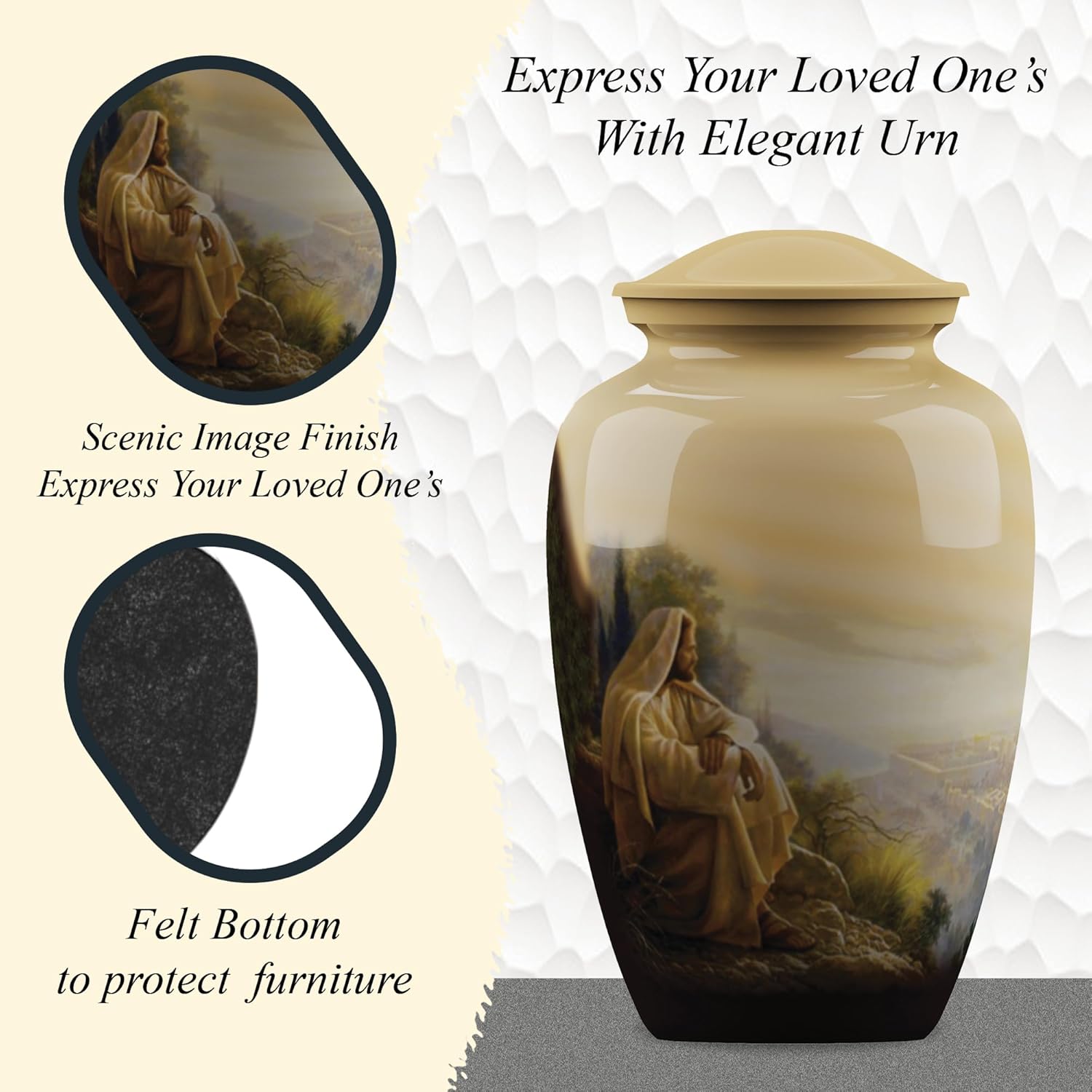 Forever URNS Adult Cremation Funeral Urn with Printed Sitting Jesus Theme for Human Ashes of Female & Male | 200 cu in | Large | Multicolor | Completely Handcrafted with Velvet Protection Bag
