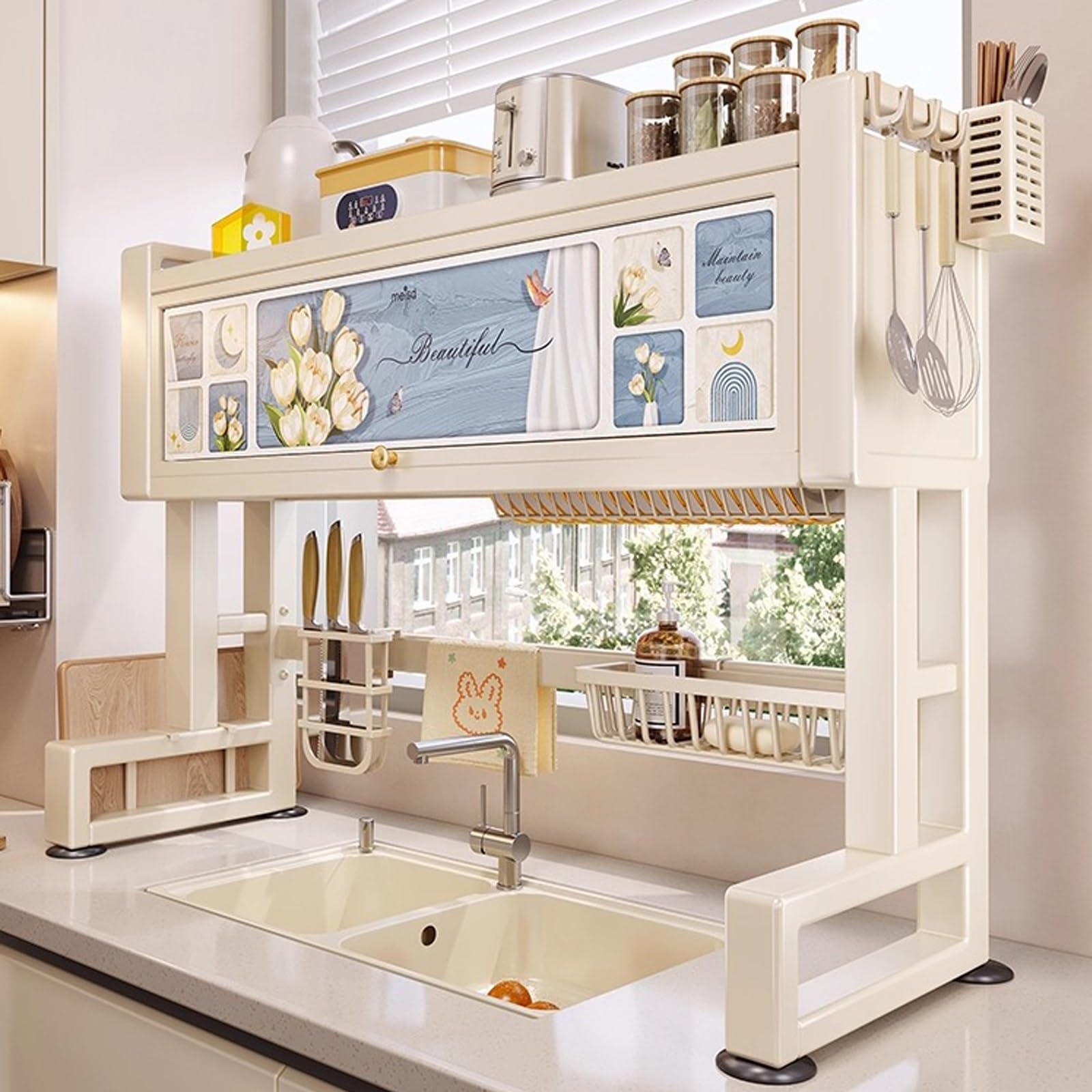 Dish Drying Rack Over The Sink, Dish Drainer Rack with Cover, Countertop Dishes Storage Rack for Kitchen Counter, Space-Saving, Sinks Drainer for Bowls, Cutlery(85cm/33.4in)
