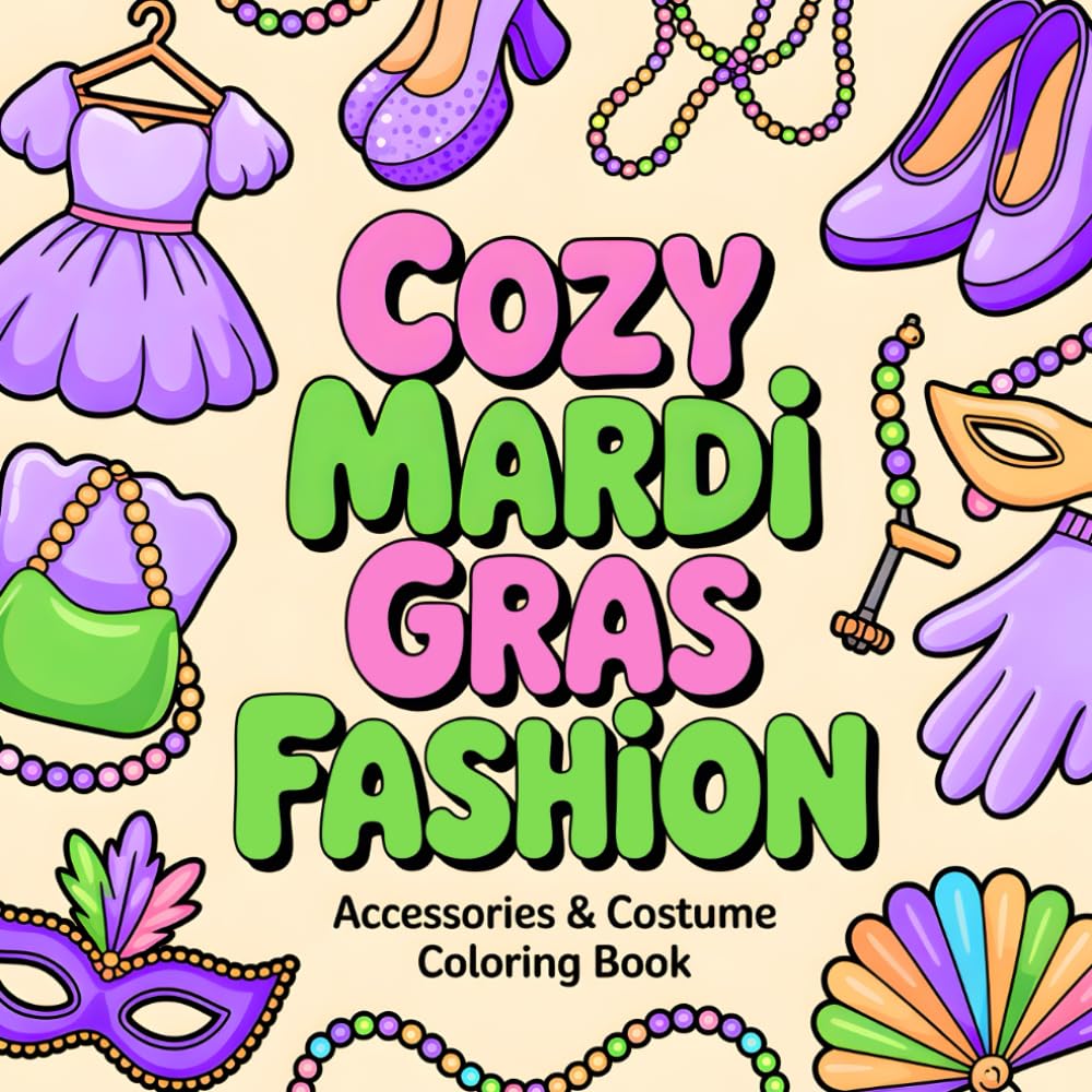 Cozy Mardi Gras Fashion: Bold And Easy Mardi Gras Accessories & Costume Coloring Book for Kids, Teens and Adults (Bold & Easy Mardi Gras Coloring Books)