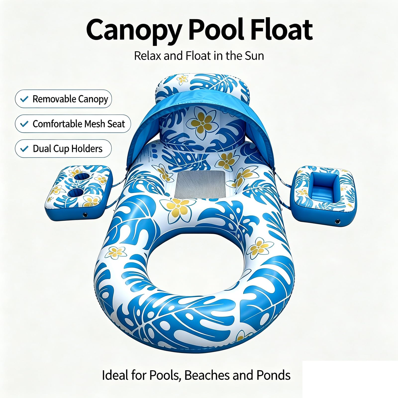 Flotadores Inflables para Adultos con Respaldo y reposabrazos Colchoneta Hinchable Piscina de PVC Plegable con Parasol Cubierta Inferior de Malla Ideales para Diversión Descanso