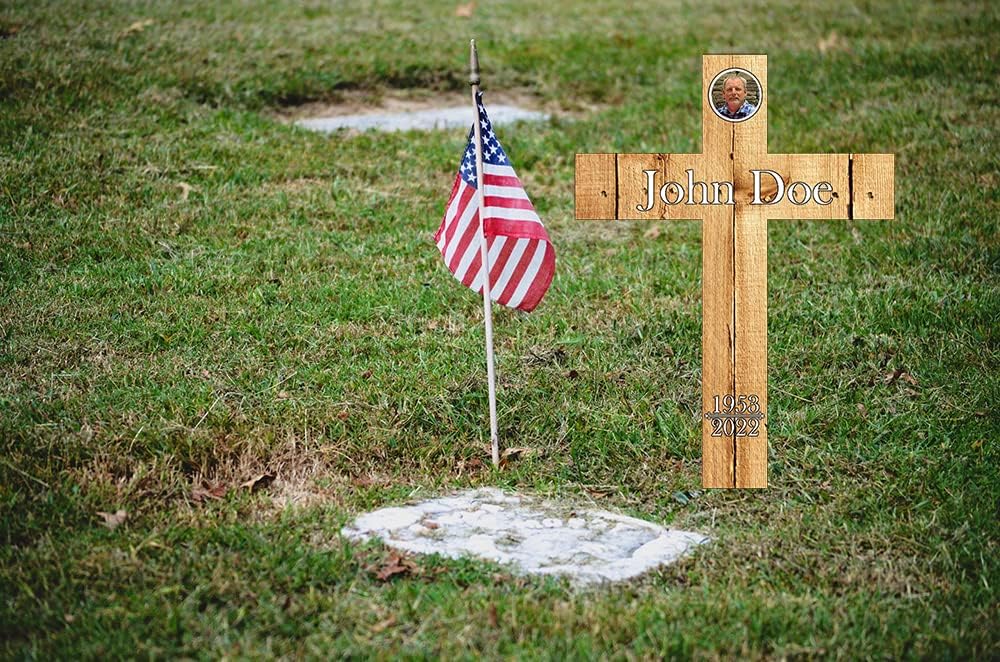 PK Décor Faux Wood Cross - Grave Picture For Cemetery Waterproof - Sympathy Engraved Gift - Cross Memorial Stake - Funeral Yard Sign Custom - Last Minute (Cross Antique Pine)