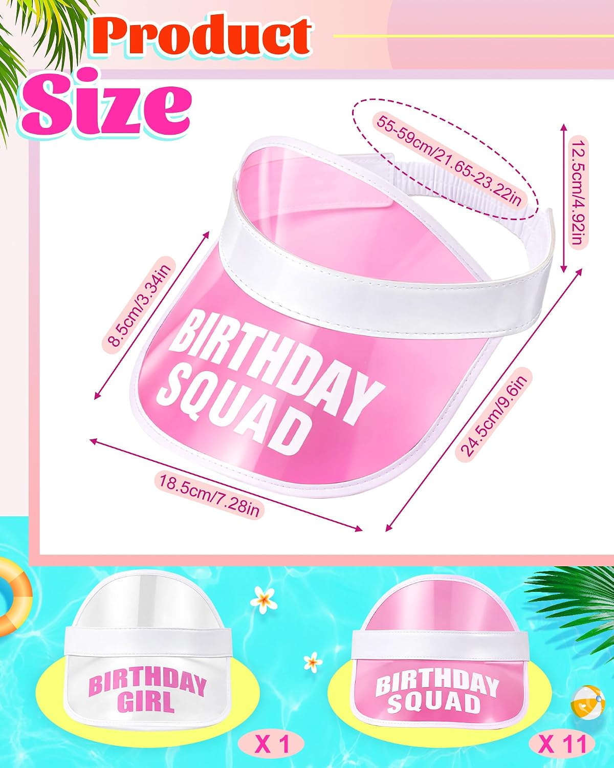 Jecery Girl Birthday Hat Sun Visors Bulk 6/12 Pcs Women Crew Squad Hat Plastic Clear Beach Adjustable Cap Headwear for Party
