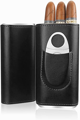 Miniatura 10 de cgaplus Caso de cigarros de cuero de 3 dedos con cortador de madera de cedro forrado humidor de cigarros portátil de viaje (marrón)