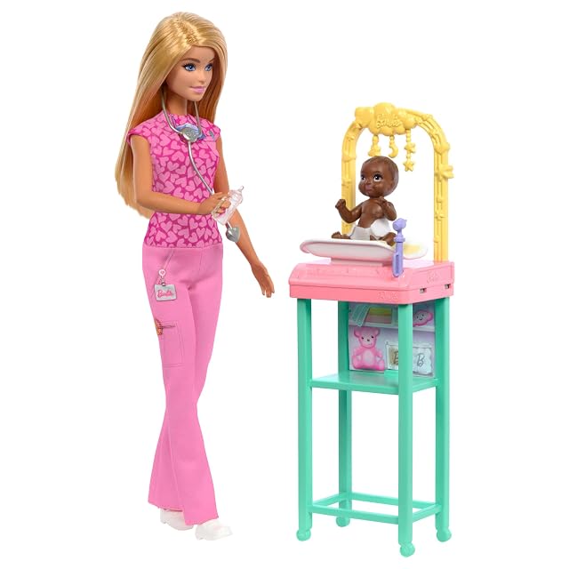 Barbie Pediatra Muñeca, muñeca de moda rubia con uniforme de médico rosa