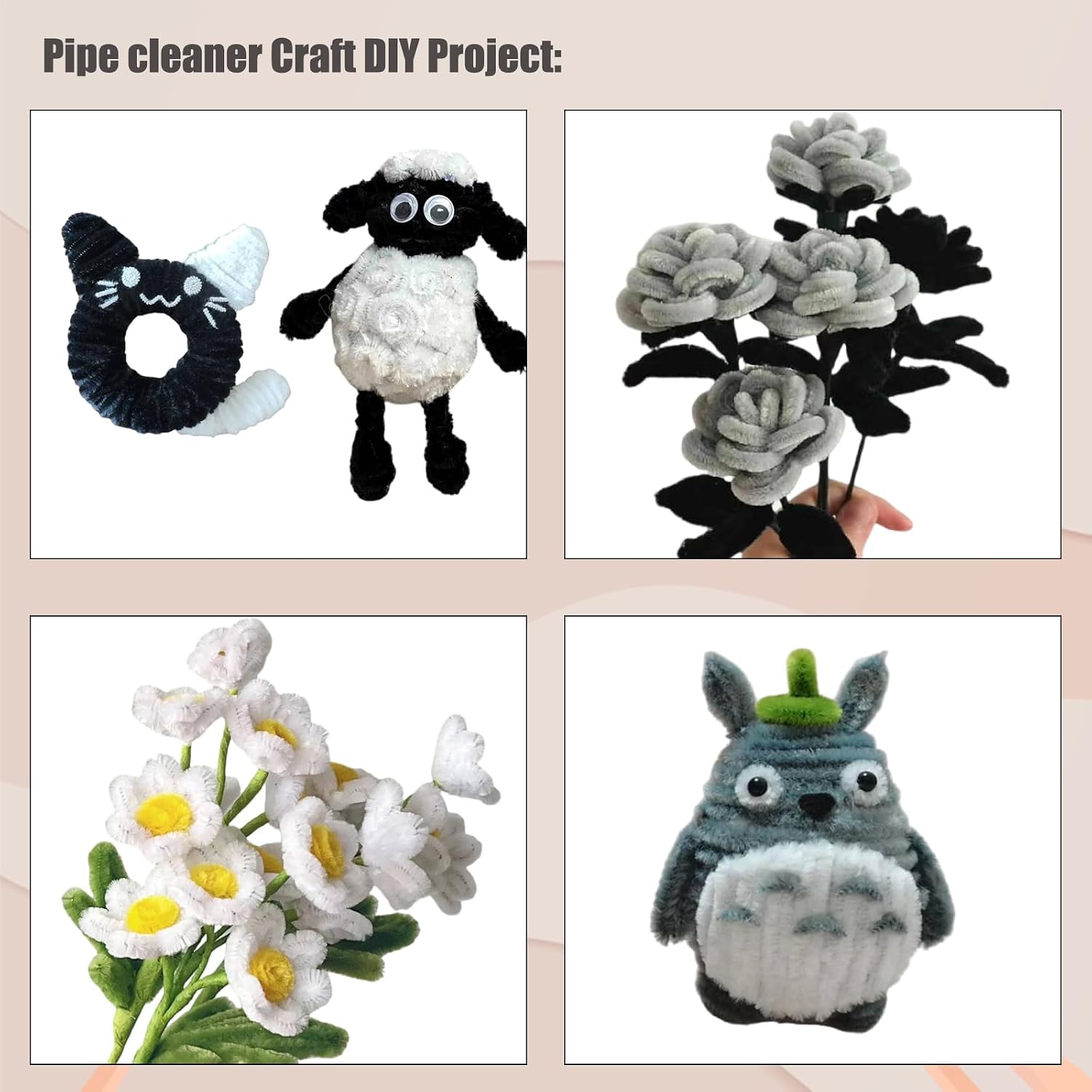 Swpohrat 300 Pieces Pipe Cleaner Craft Set 3 Assorted Colors,Thick Fuzzy Chenille Stem Pipe Cleaners for DIY Craft Flower Projects Holiday Decorations(Balck,White,Grey)
