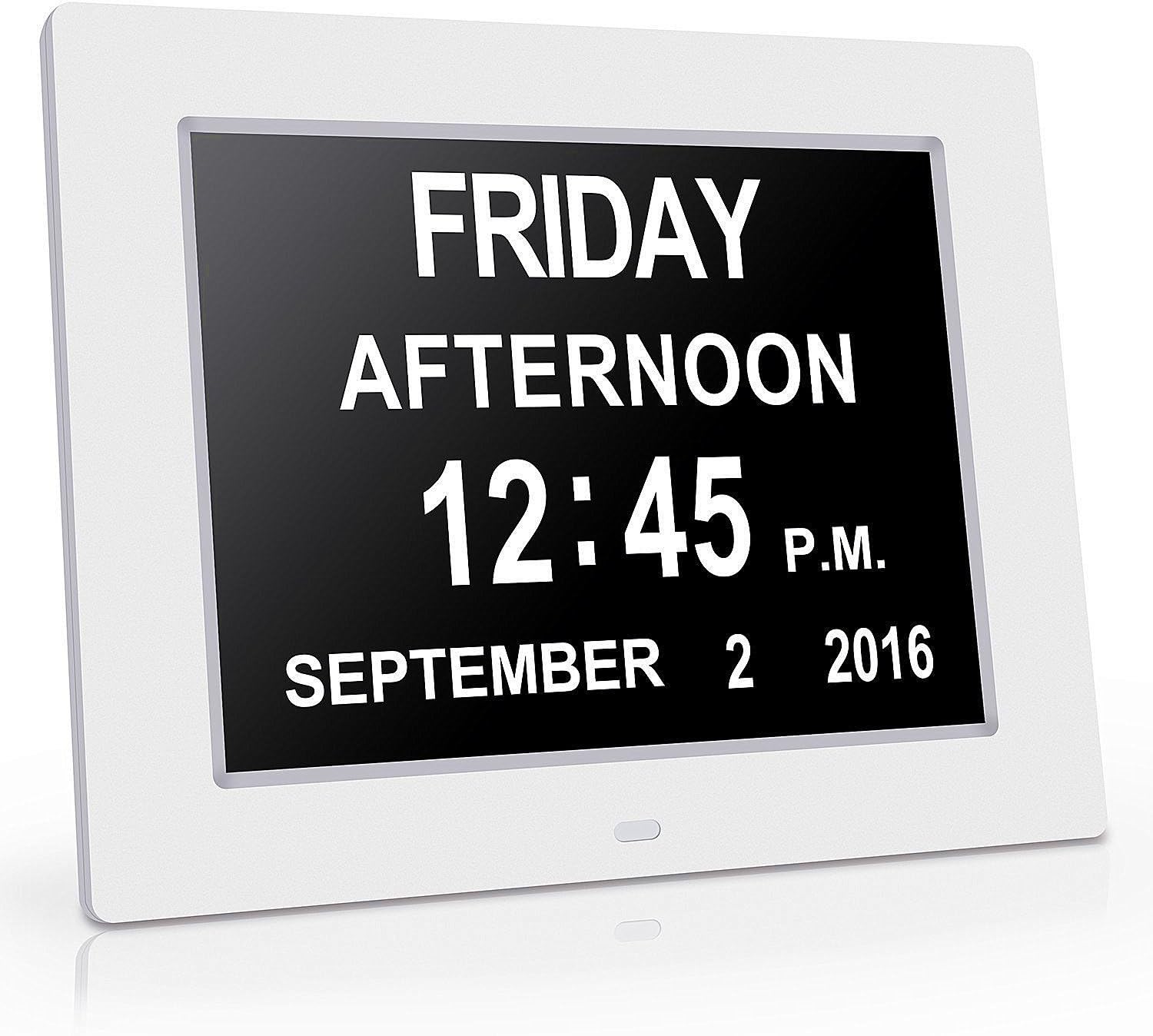 Dayclox Digital Calendar Day Clock,Digital Memory Loss Day Clock with Digital Photo Frame, Extra Large Non-Abbreviated Day & Month for Seniors Visually Impaired Blinds Elderly Alzheimer (WHITE2)