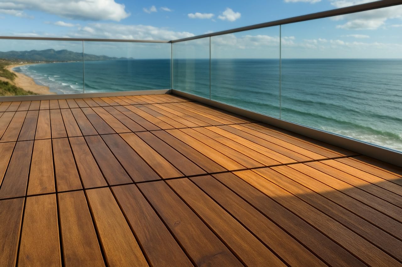Terrassenfliese aus Akazie mit Verbindungssystem 2 Stück x 60 x 60 x 5,5 cm = 0,72 m² Farbe: Golden Teak Inkl. 2 Gummiverbinder 10 x 10 x 1,5 cm und 2 x 9 Gummifüße Holzfliese