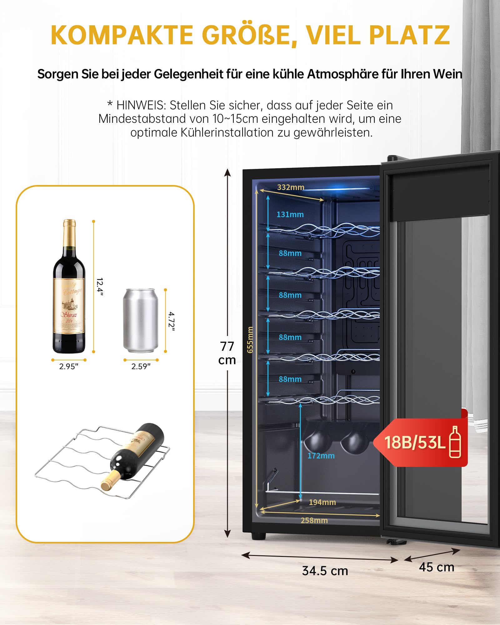 WIE Weinkühlschrank Compressor 53 Liter 18 Flaschen Getränkekühlschrank mit Glastür LED Touchpanel Anti-UV 5-18°C