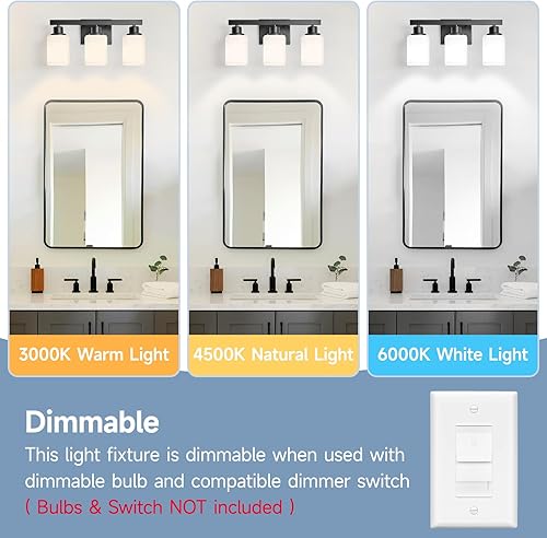 Miniatura 6 de Lámpara de tocador de baño de 3 luces, moderna lámpara de baño negra mate con vidrio esmerilado cuadrado, apliques de pared para colocar sobre el