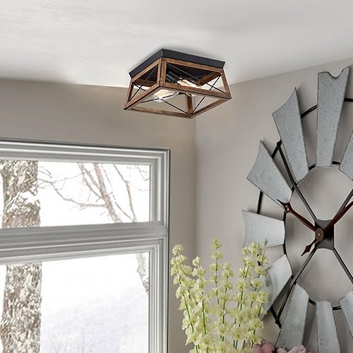 Miniatura 43 de 2-Light Farmhouse Flush Mount Ceiling Light Fixture with Bronze Wood Grain Vintage Industrial Ceiling Mount Cage Light for Closet Hallway Entryway