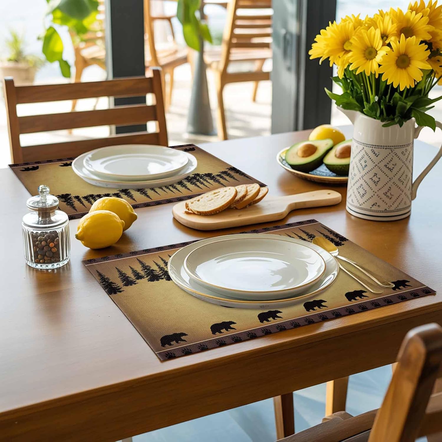 Placemats for Dining Table Set of 6, Polar Bears Pine Tree Cotton Linen Table Mat for Wedding/Banquet/Baby Shower/Party, Waterproof Cloth Place Mat 13''x19'', Rural Farm Farmhouse