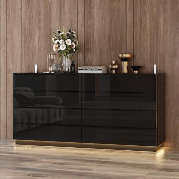 Black Drawer Dresser with LED Light, Modern High Gloss Long Dresser with 8 Drawers, 63" Double Storage Chest of Drawer for Bedroom, Living Room, Entryway