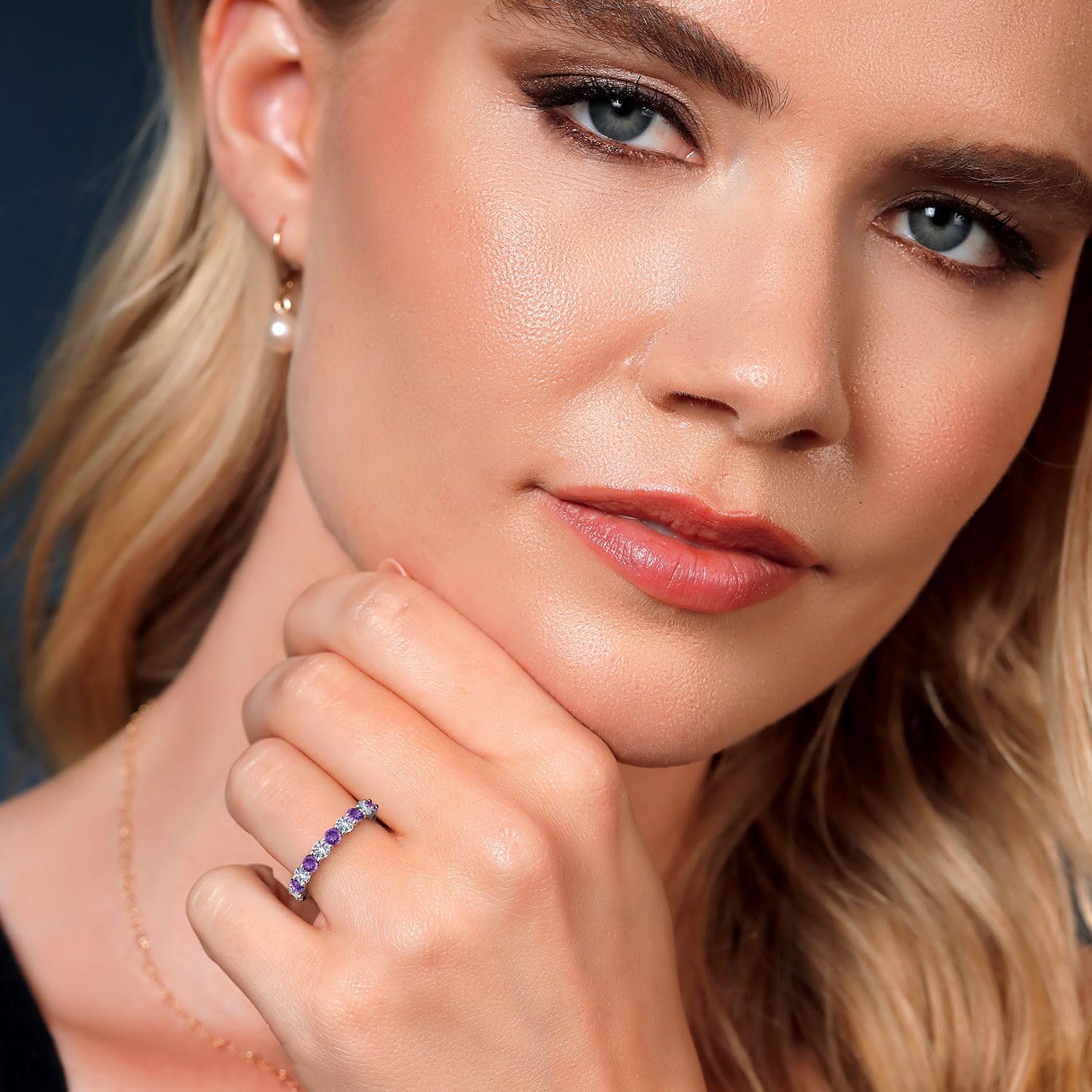 Gem Stone King 1.00 Cttw Eternity Band Ring For Women | 925 Sterling Silver | 3MM Purple Amethyst and 3MM White Created Sapphire | Round 3MM | Gemstone Birthstone