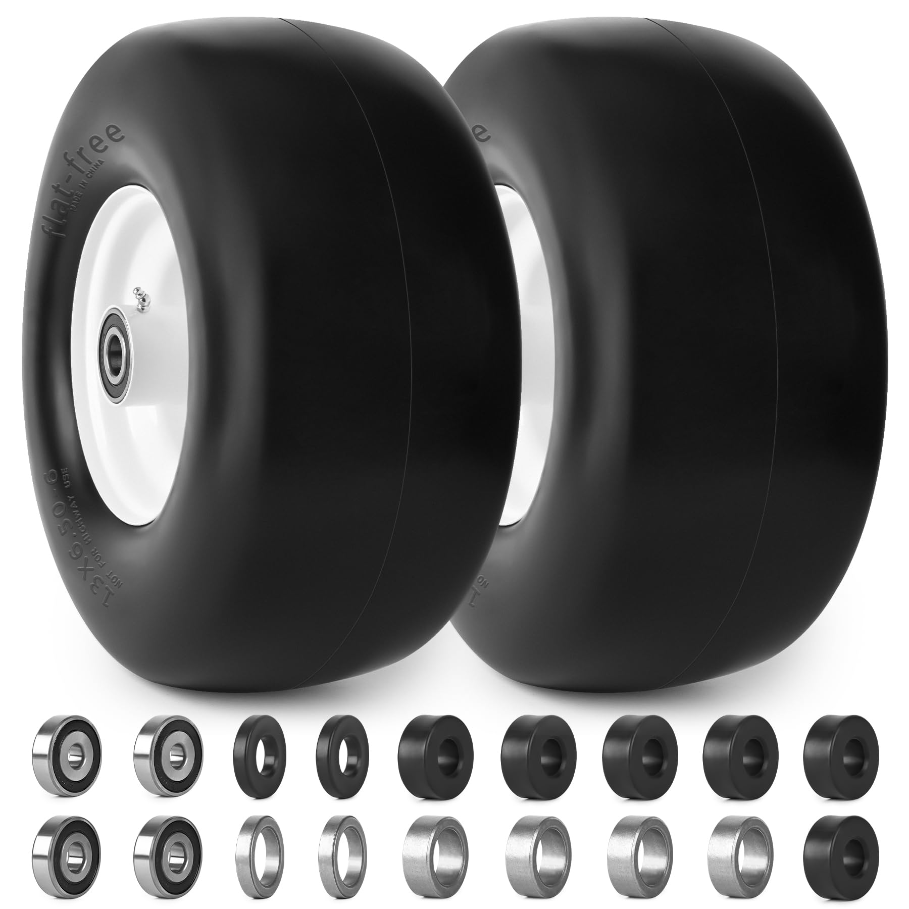 13x6.50-6 Flat Free Lawn Mower Tires and Wheels 3/4" 5/8" 1/2" Ball Bearings, 13x6.5x6 Zero Turn Mower Front Tires, Smooth Tires for Commercial Grade Lawn 5.5"-7.5" Adjustable Centered Hub
