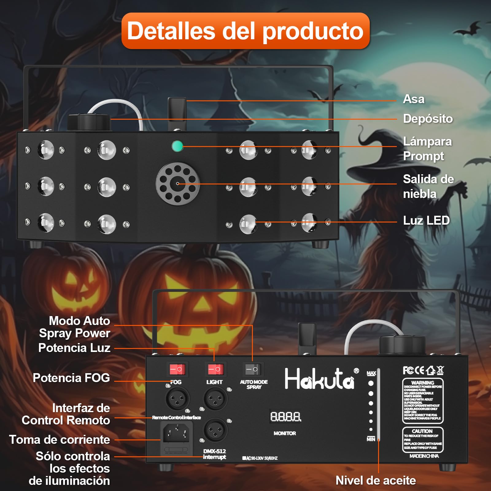 Hakuta Máquina de Humo con 12 Luces LED DMX, Control Remoto Inalámbrico para Interior y Exterior - Efectos para Fiestas, Bodas, Halloween y Escenarios