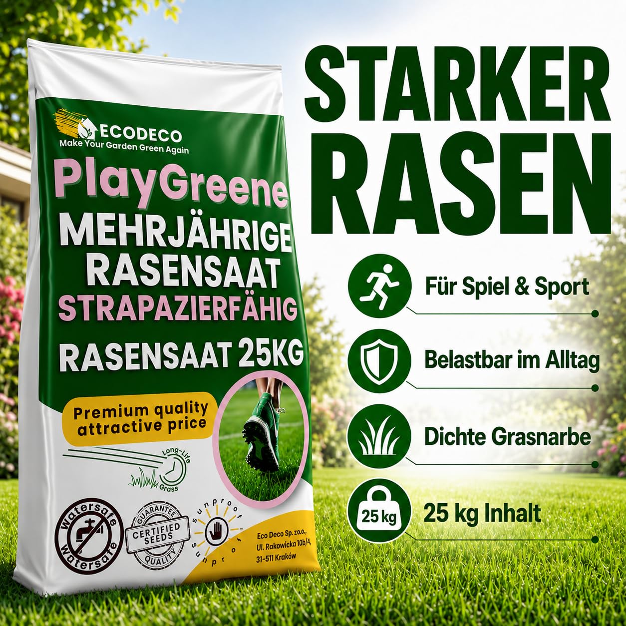 Semillas Cesped Resistente y Crecimiento Rápido 25kg | Mezcla de Semillas para Césped Natural Deportivo y Jardín, Alta Densidad, Ideal para Siembra y Repoblación, Soporta Pisoteo