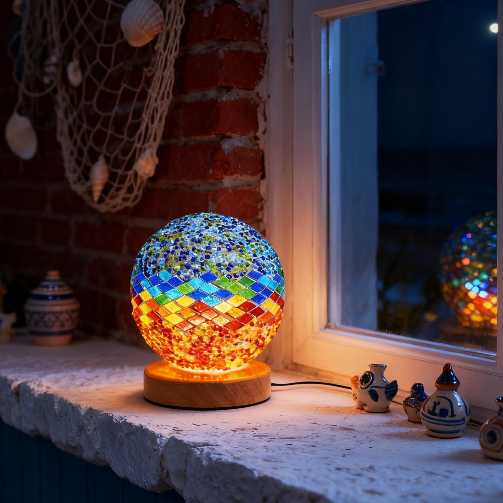 wpdash Blue Coastal Mosaic Table Lamp 5V USB Power Stained Glass Decor Lamp Mediterranean Style Light for Seaside Restaurant Yoga Meditation Room Ambiance Lighting Item for Art Lovers Gift