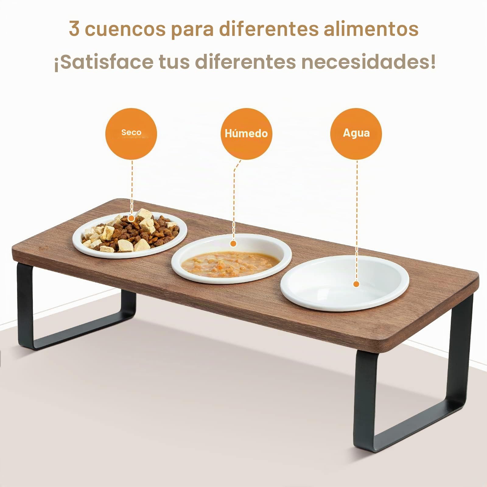 GUUSII HOME Comedero Gato Elevado 3 Cuencos Comederos para Gatos Antivómitos Inclinado 15° Ceramica Cuenco Gato 3 en 1 con Soporte de Bambú Natural para Evitar la Fatiga de los Bigotes