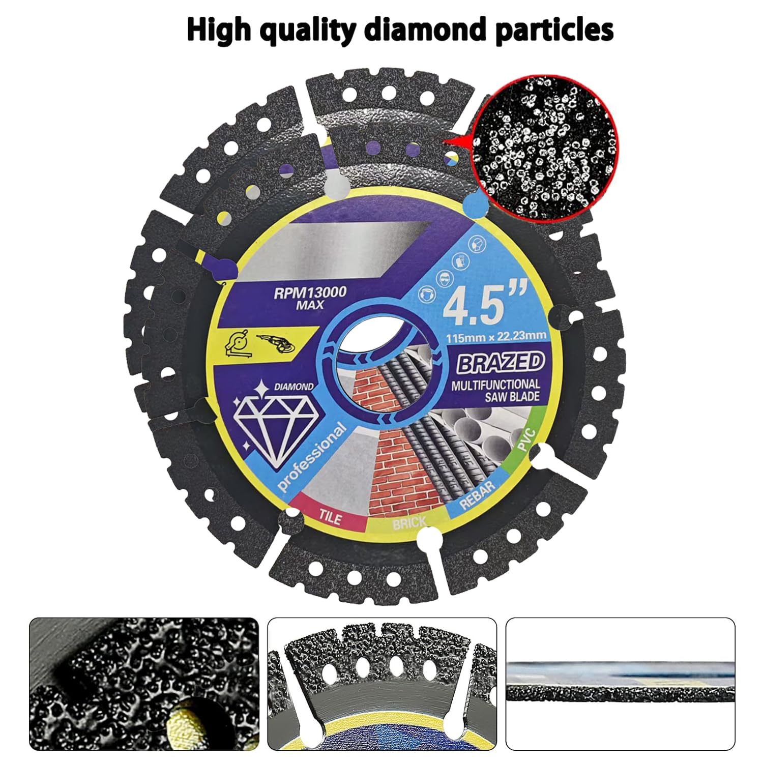 3-Pack 4.5" Vacuum Brazed Diamond Cutting Discs – Durable Multi-Pore Angle Grinder Blades for Cutting Ceramic Tile/Porcelain/Glass/Marble/Granite/Stone