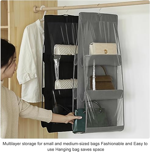 Miniatura 4 de Organizador grande de bolso colgante para armario, 8 bolsillos y ganchos de metal de rotación de 360 grados, armario para colgar bolsos, organizador