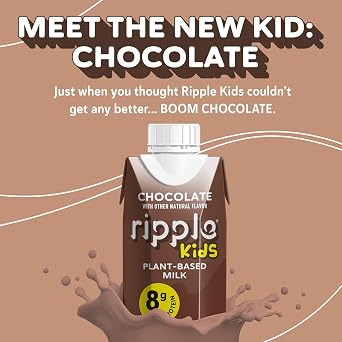 Ripple Kids Chocolate Plant Based Milk | Pediatrician Reccommended | 8g Pea Protein | Shelf Stable | Vegan & Non GMO Certififed | Dairy, Soy, Nut, Gluten, and Lactose Free | 8 Fl Oz (Pack of 12)