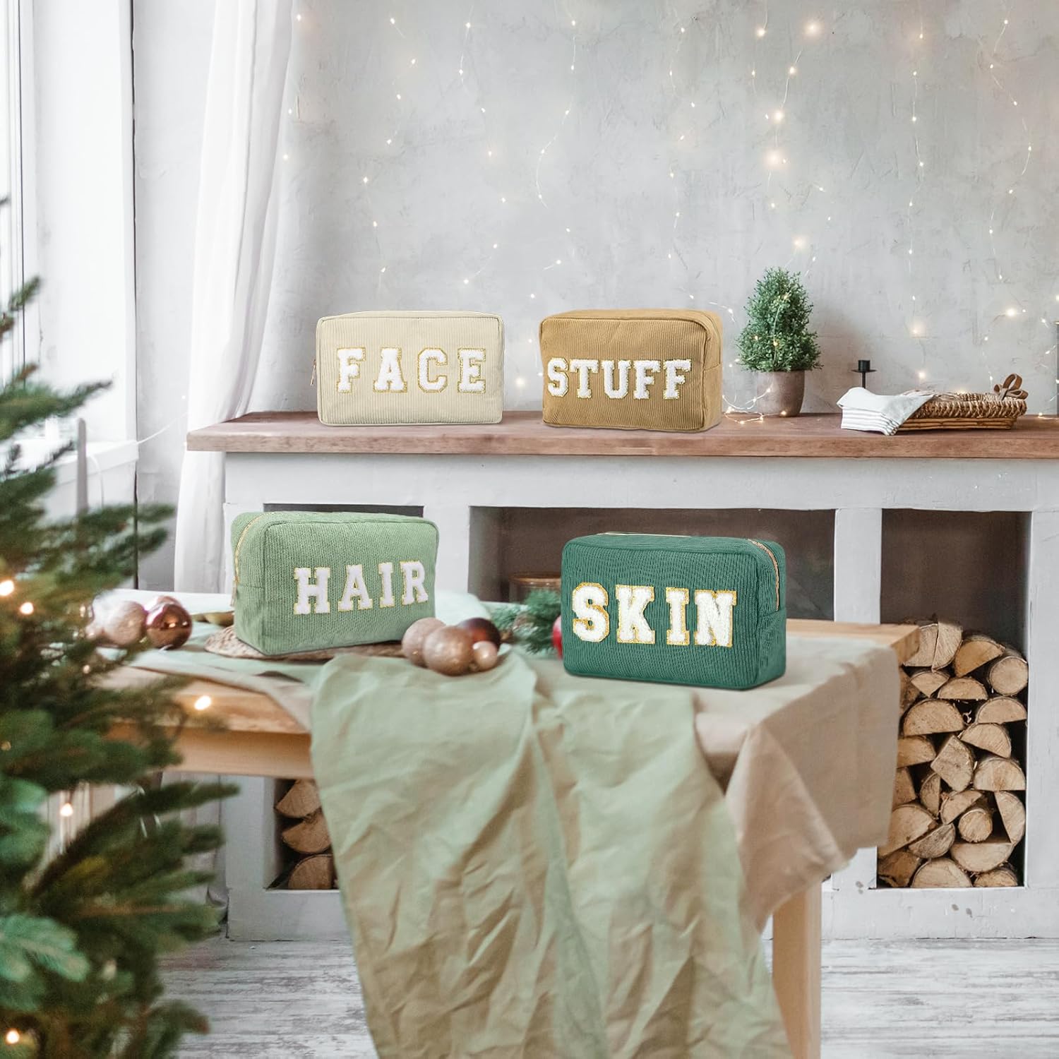 Pinkunn 4 Pcs Preppy Makeup Bags Chenille Letter Travel Organizer Face Skin Hair Stuff Corduroy Cosmetic Hygiene Toiletry Pouch with Zipper Wedding Birthday Gifts for Women(Sage Green Series Color) - Image 5