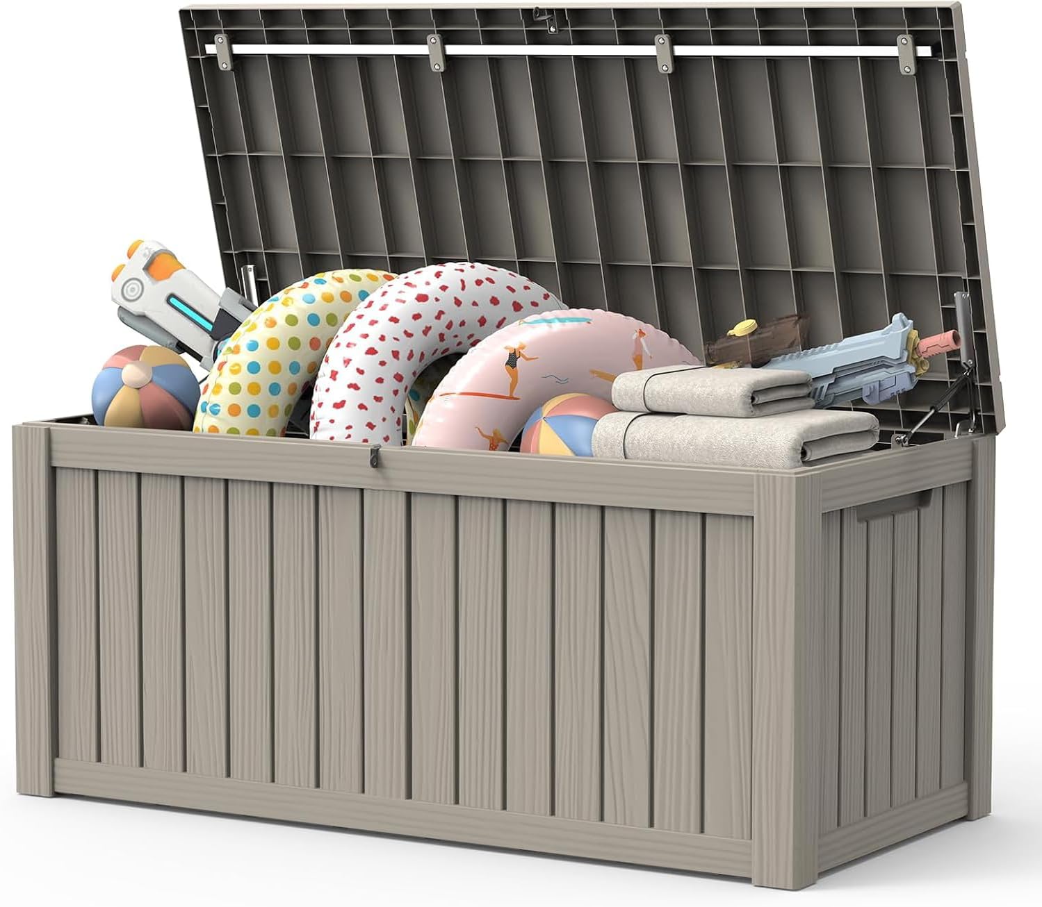 Outdoor Large Storage Cabinet Deck box, 150 Gallon Heavy Duty Deck Boxes, Lockable Patio/Pool Storage Boxes for Garden Tools, Lawn Mower, Bikes, Trash Cans, Weatherproof & UV-Resistant, Storage Bench