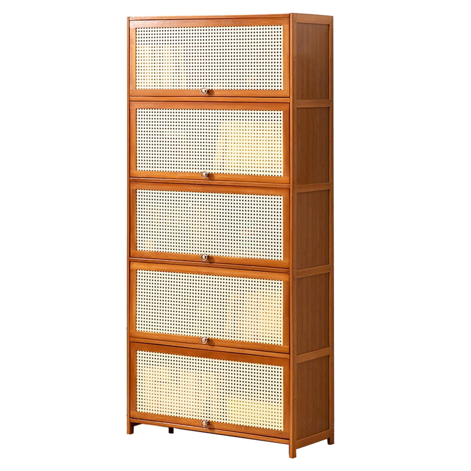 ASerZenith Bamboo Bookcase With Flip Doors Standing Bookshelf For Living Room Office Bathroom Free Standing Book Shelf Storage Organizer Rustic Space Saving Design (5 Tier 70Cm)