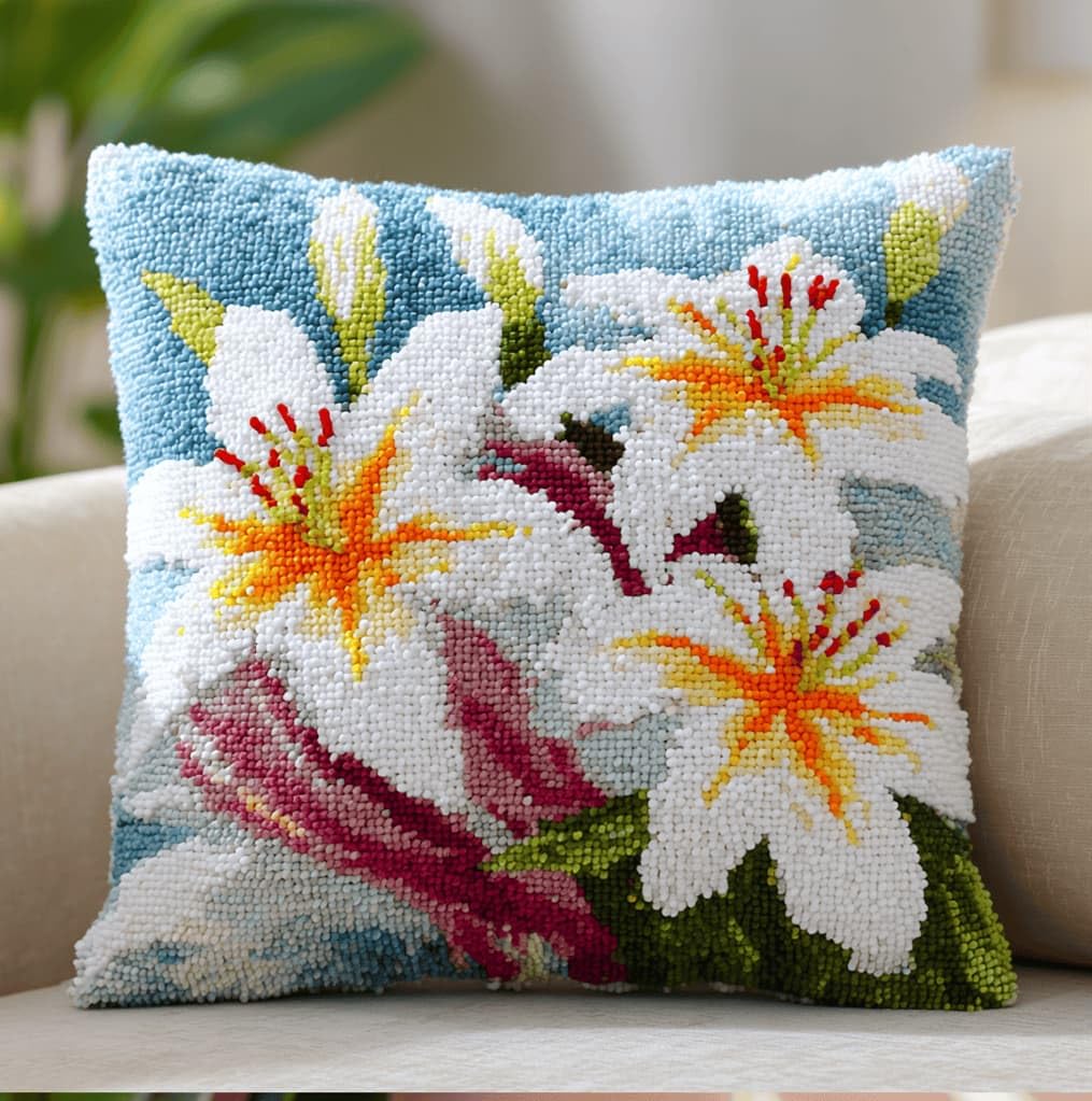 Kitquiver Latch Hook DIY Pillow Kit,Lily Handmade Cushion Cover 43X43Cm
