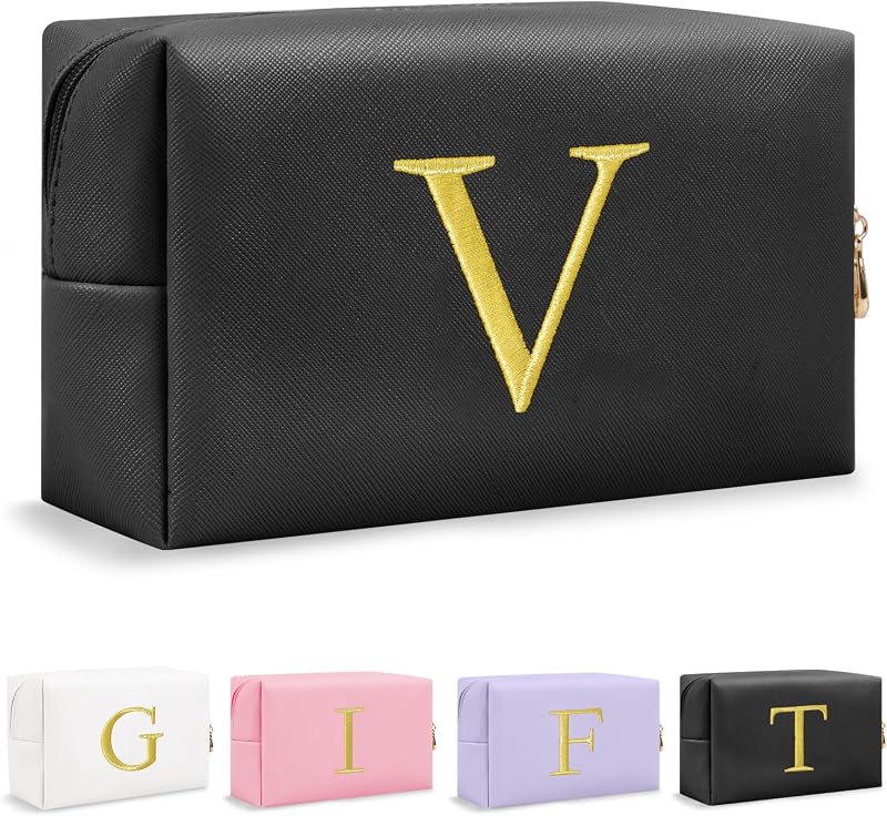 Necessaire de maquiagem UIXIZQ preta com letra bordada em dourado, modelo V, 20,07 x 6,6 x 10,41 cm