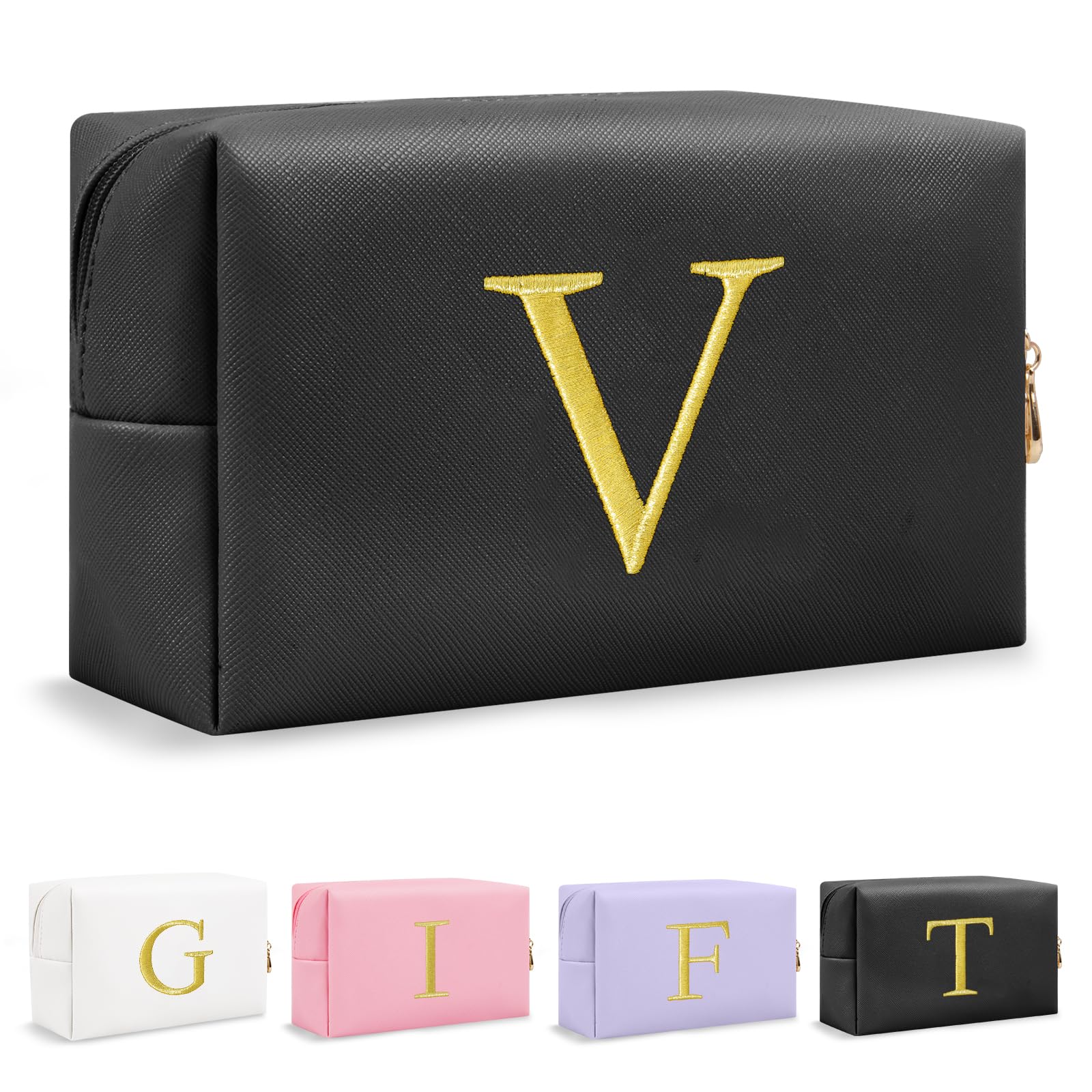 Personalized Gift Initial Makeup Bag,Preppy Gold Embroidered Letter Cosmetic Bag Stocking Stuffers for Teen Girls,Small Travel Toiletry Bag,Custom