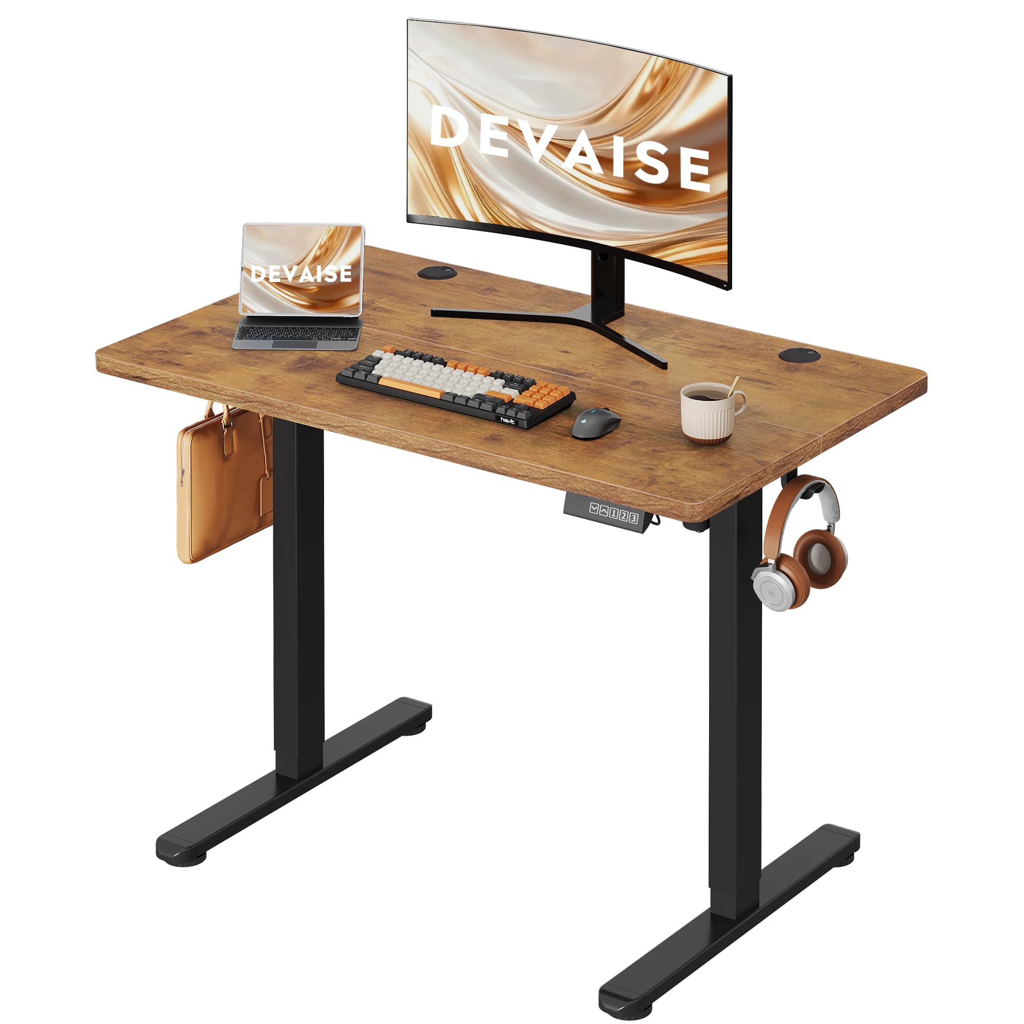 DEVAISE Electric Standing Desk Height Adjustable 100×60 cm, Sit Stand Desk with Memory Smart Pannel, Splice Board, Quiet Operation, Sturdy Metal Frame for Home Office, Brown