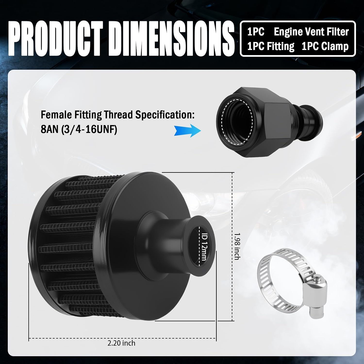 12mm Fuel Cell Vent Filter with 8AN (3/4-16) Female Fitting,High Efficiency Fuel Tank Breather/Vent Filter for Engine Fuels System,Universal Engine Vents Filters Car Accessories