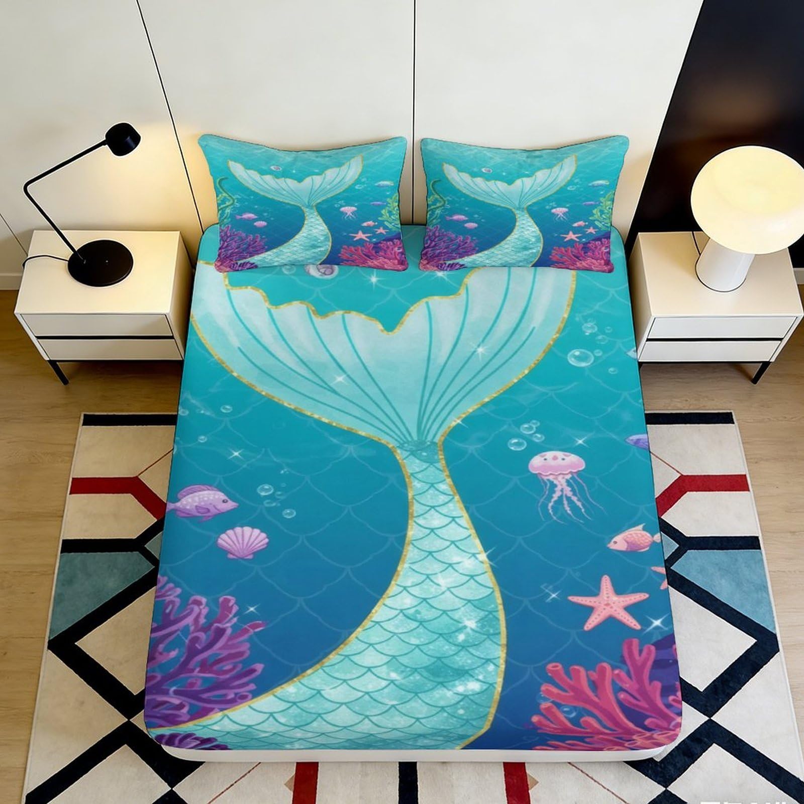Jqzkxnhpbr Style-1 3D Printed Mermaid Tail Fitted Sheet Microfiber Soft Blue Ocean Coral Bed Cover For Bedroom Guest Dorm Decor 90X200x25cm