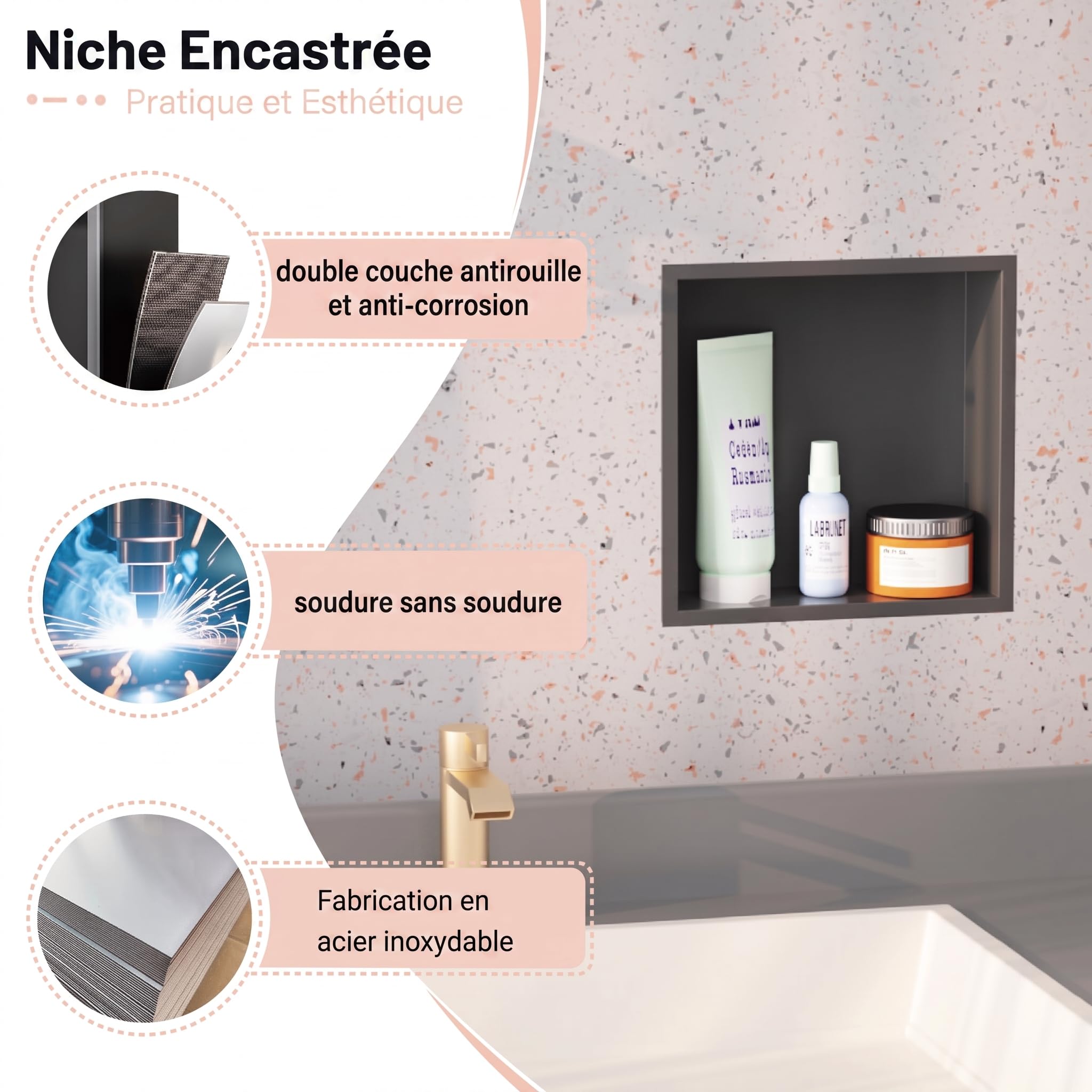 Nicho de Pared empotrable de Acero Inoxidable para Ducha, Estante de Ducha Integrado sin Azulejos, de Acero Inoxidable, Almacenamiento Doble para (Negro Mate, 30 x 30 x 10 cm)